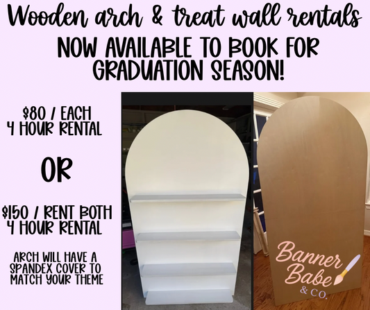 Wooden Arch & Treat Wall Backdrop Rentals